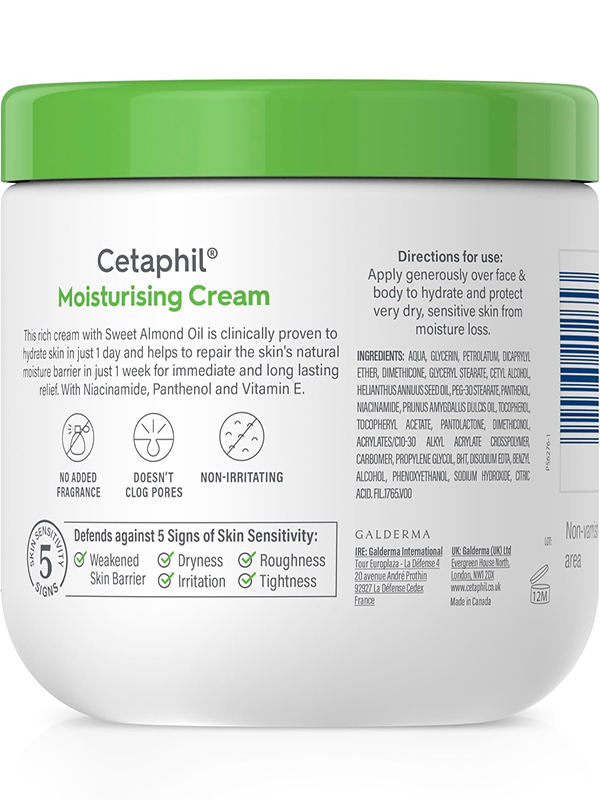 Cetaphil Moisturizing Cream, Face & Body Moisturizer for Men & Women Dry to Very Dry and Sensitive Skin, Unscented, 453g