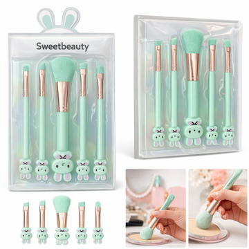 Kiss Lovely 5-Piece Mint Green Bunny Makeup Brush Set with Rose Gold Ferrules – Soft Synthetic Bristles for Foundation, Powder, Eyeshadow & Eyebrow