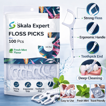 Skala Expert Dental Floss Picks 100 Pcs – Strong Mint Floss, Ergonomic Grip Handle, Toothpick End for Easy Plaque Removal & Daily Oral Care