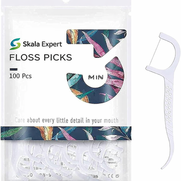 Skala Expert Dental Floss Picks 100 Pcs – Strong Mint Floss, Ergonomic Grip Handle, Toothpick End for Easy Plaque Removal & Daily Oral Care
